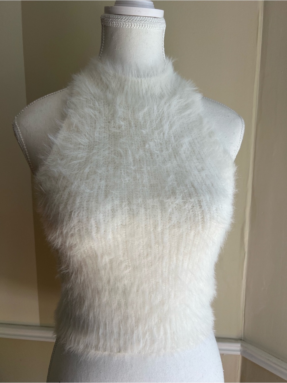 Zara White Fuzzy Halter Crop Top